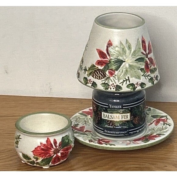 Yankee Candle & Poinsettia Ceramic Candle Jar Topper 4 piece set Hostess Gift - Picture 1 of 4